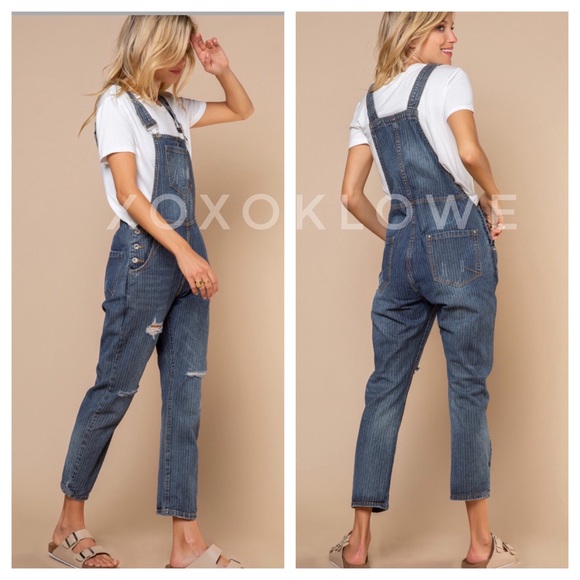 POL Retro 90’s Denim Overalls Grunge Distressed Dark Wash - Picture 12 of 12